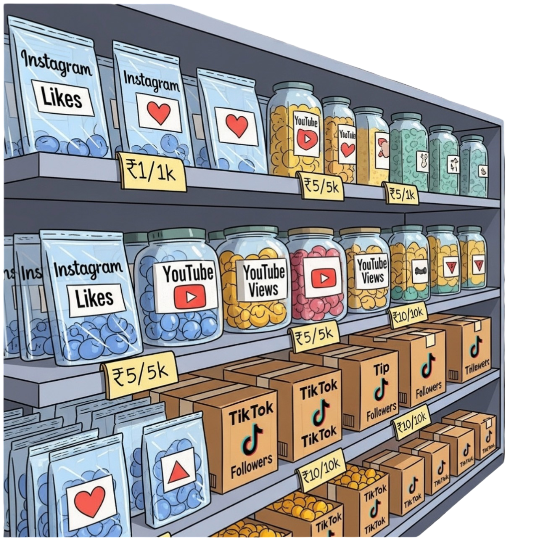 Illustration showing a rocket launching from a laptop labeled SMM, surrounded by social media icons like Facebook, Instagram, Twitter, LinkedIn, and YouTube — representing social media marketing growth.
